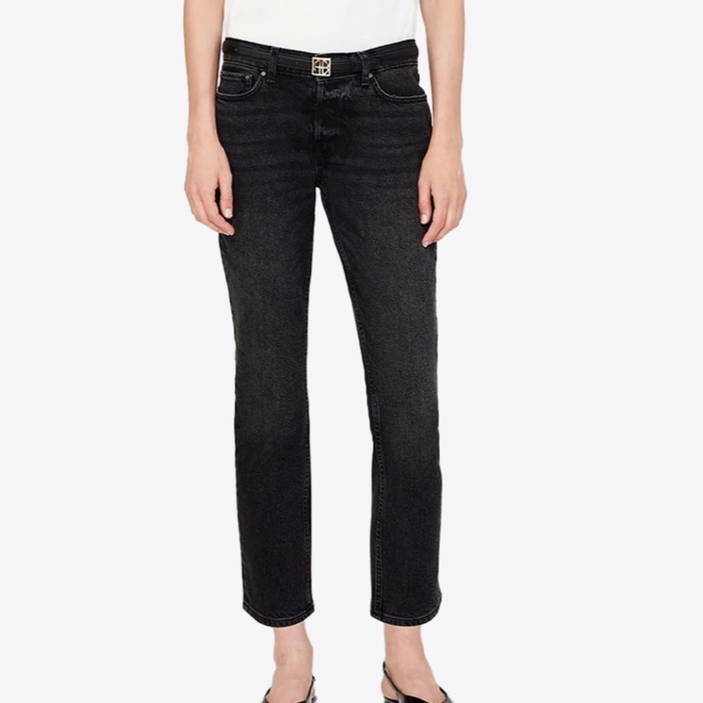 NEW ANINE BING Nix Black Iron Mid Rise Relaxed Skinny Ankle Button Fly Jeans